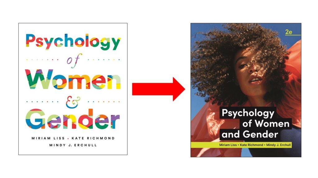 the covers of the first and second edition of the Liss, Richmond, and Erchull Psychology of Women and Gender Textbook with an arrow going from the 1st edition cover to the 2nd edition cover