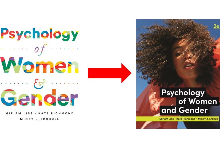 the covers of the first and second edition of the Liss, Richmond, and Erchull Psychology of Women and Gender Textbook with an arrow going from the 1st edition cover to the 2nd edition cover