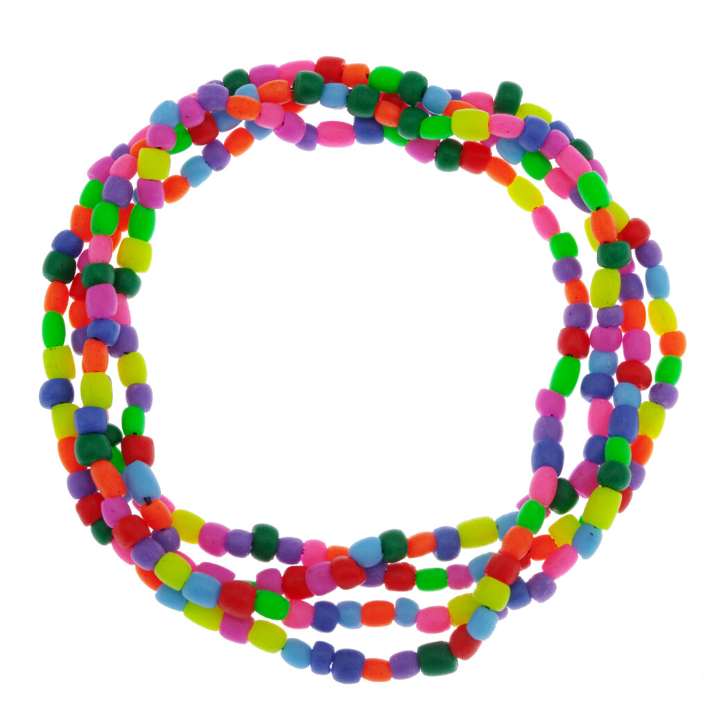 a coiled necklace made up of multi-colored plastic beads