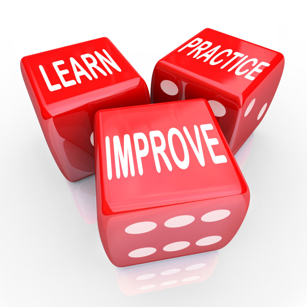 The words "Learn", "Practice", and "Improve" on three red dice