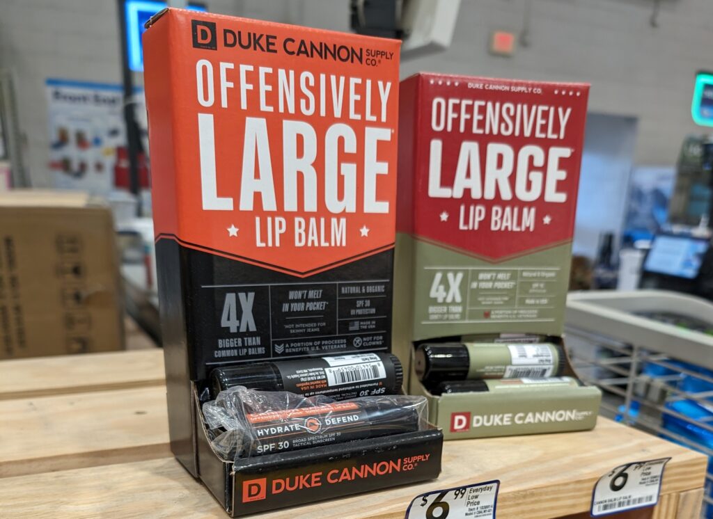 Duke Cannon "offensively large" lib balm display in Lowes