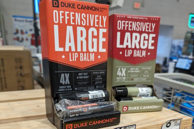 Duke Cannon "offensively large" lib balm display in Lowes