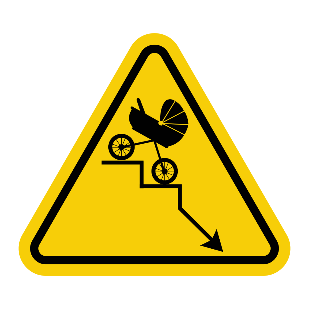 a triangular yellow caution sign with a baby carriage on a line showing a decrease as if on a graph